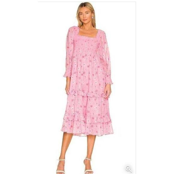 Love Shack Fancy Miri Dress in Coral Blaze Pink Small Womens MIdi Floral - Picture 3 of 8